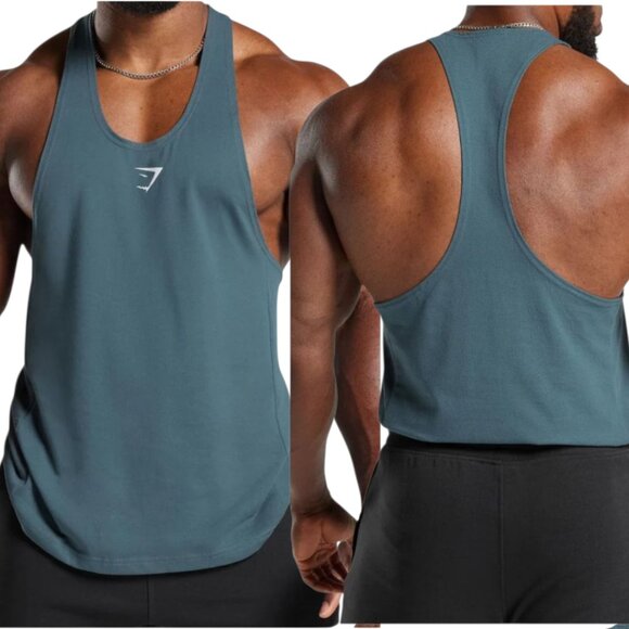 NWOT GYMSHARK ( MED ) REACT STINGER Slim Fit Active Denim Tea lTank Top - Picture 1 of 6